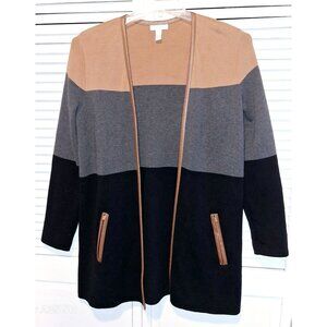 Colorblock Open-Front Cardigan With Faux Leather Trim Pockets By Charter Club Si